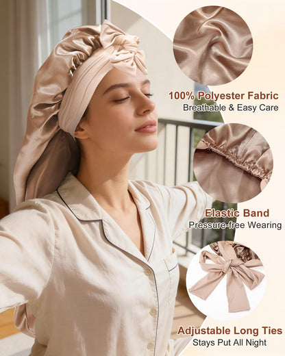 Side view of AWAYTR double layer silk sleeping cap showcasing long length for braids