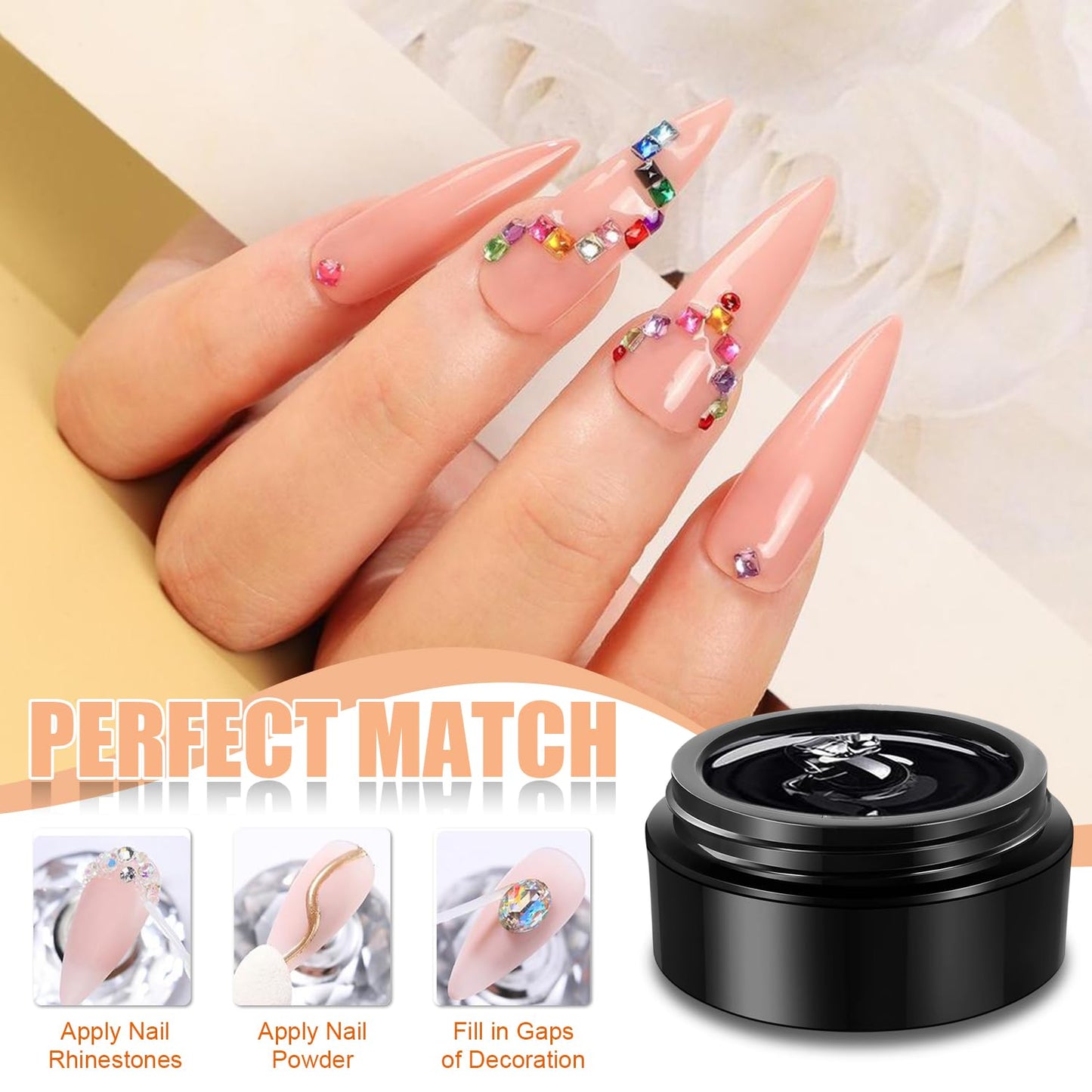 Nail art application showing rhinestones secured with Makartt glue