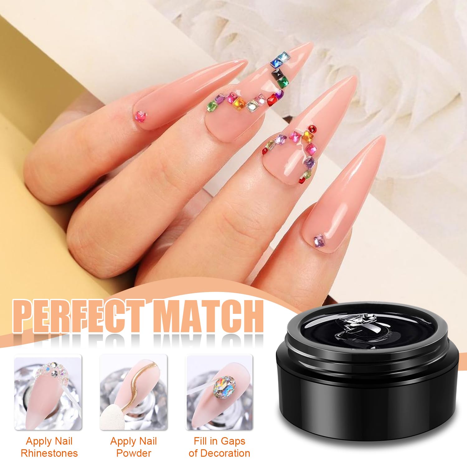 Nail art application showing rhinestones secured with Makartt glue