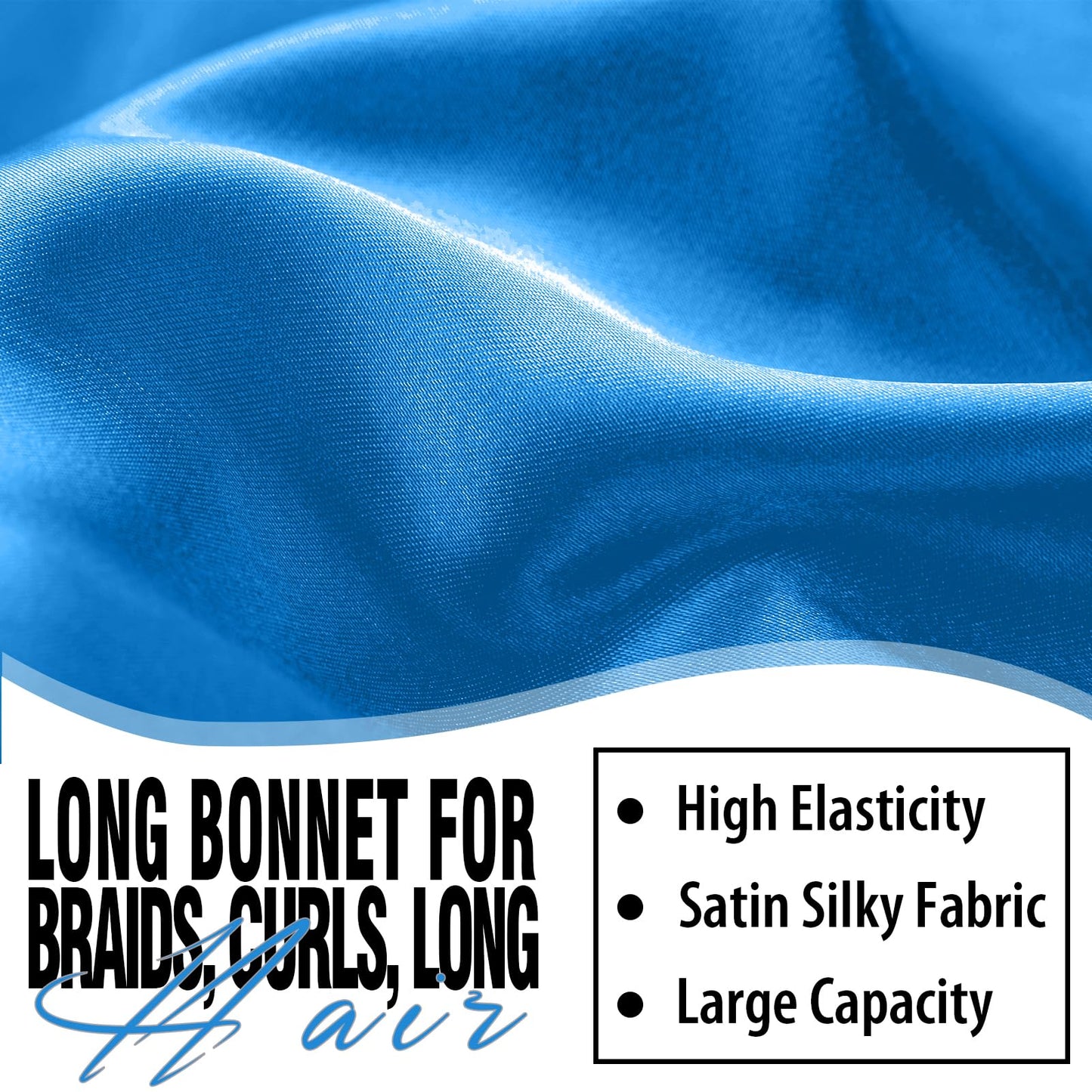 Adjustable stretchy tie band detail on the long satin bonnet for secure sleeping.