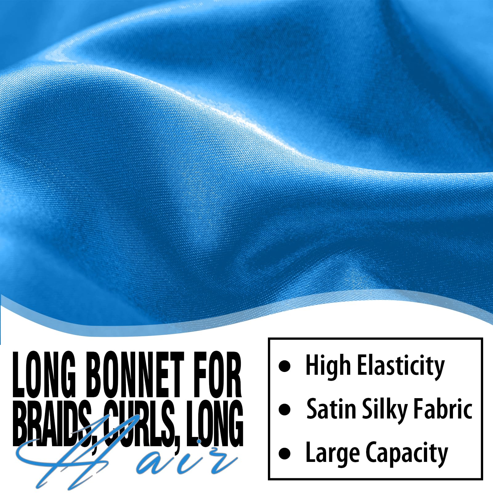 Adjustable stretchy tie band detail on the long satin bonnet for secure sleeping.