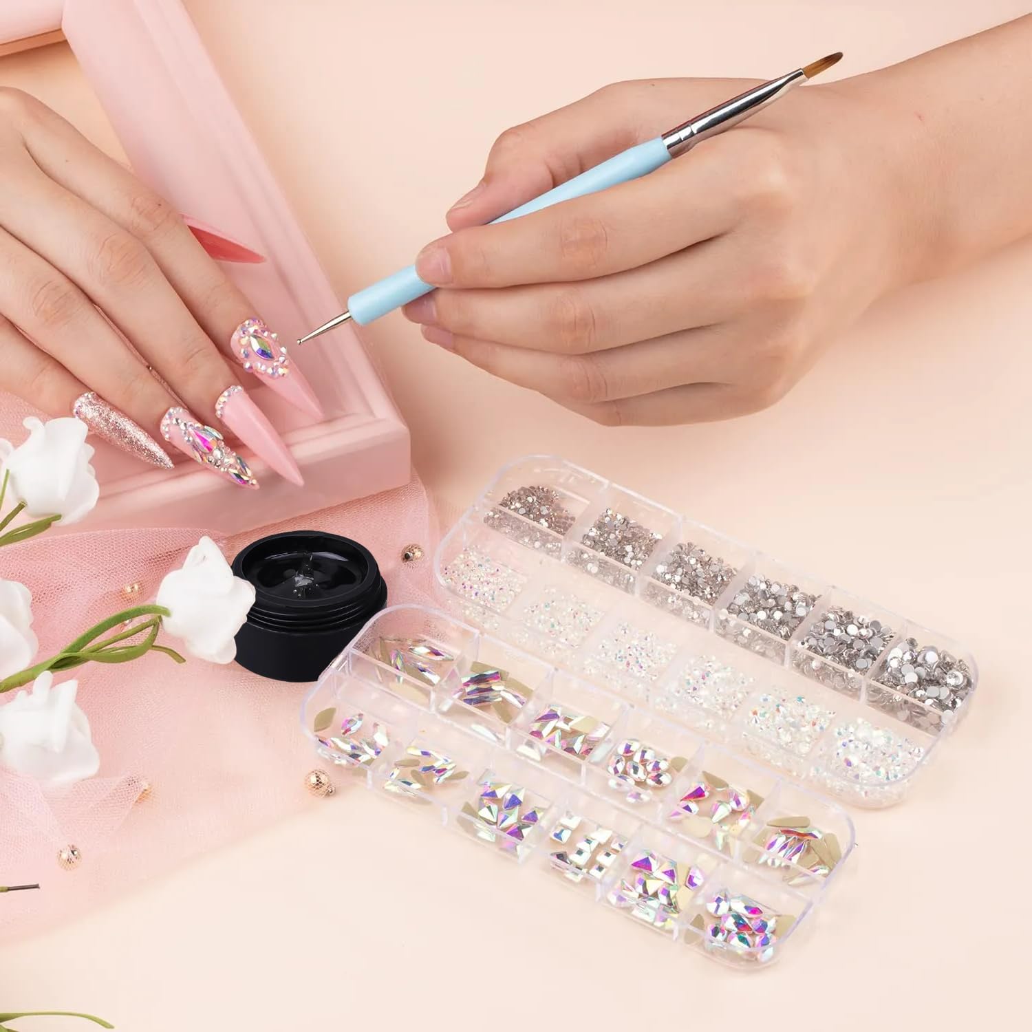 Makartt rhinestone adhesive bottle next to UV nail lamp