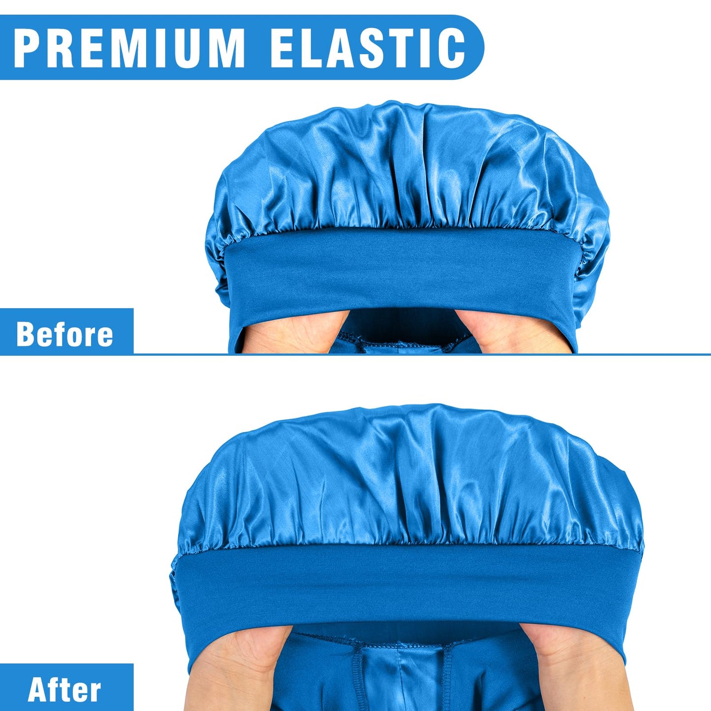 Black satin sleep cap variant laid flat highlighting the wide comfortable elastic border.