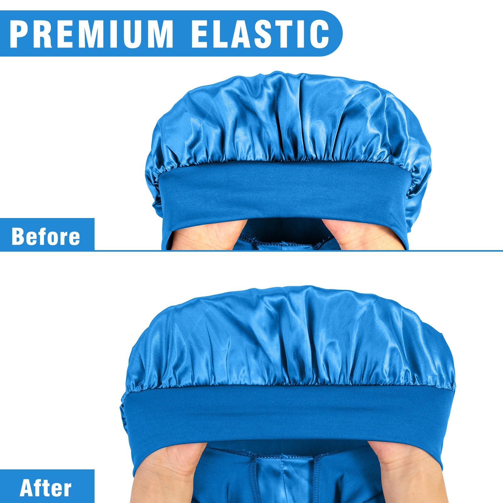 Black satin sleep cap variant laid flat highlighting the wide comfortable elastic border.