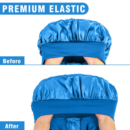 Black satin sleep cap variant laid flat highlighting the wide comfortable elastic border.