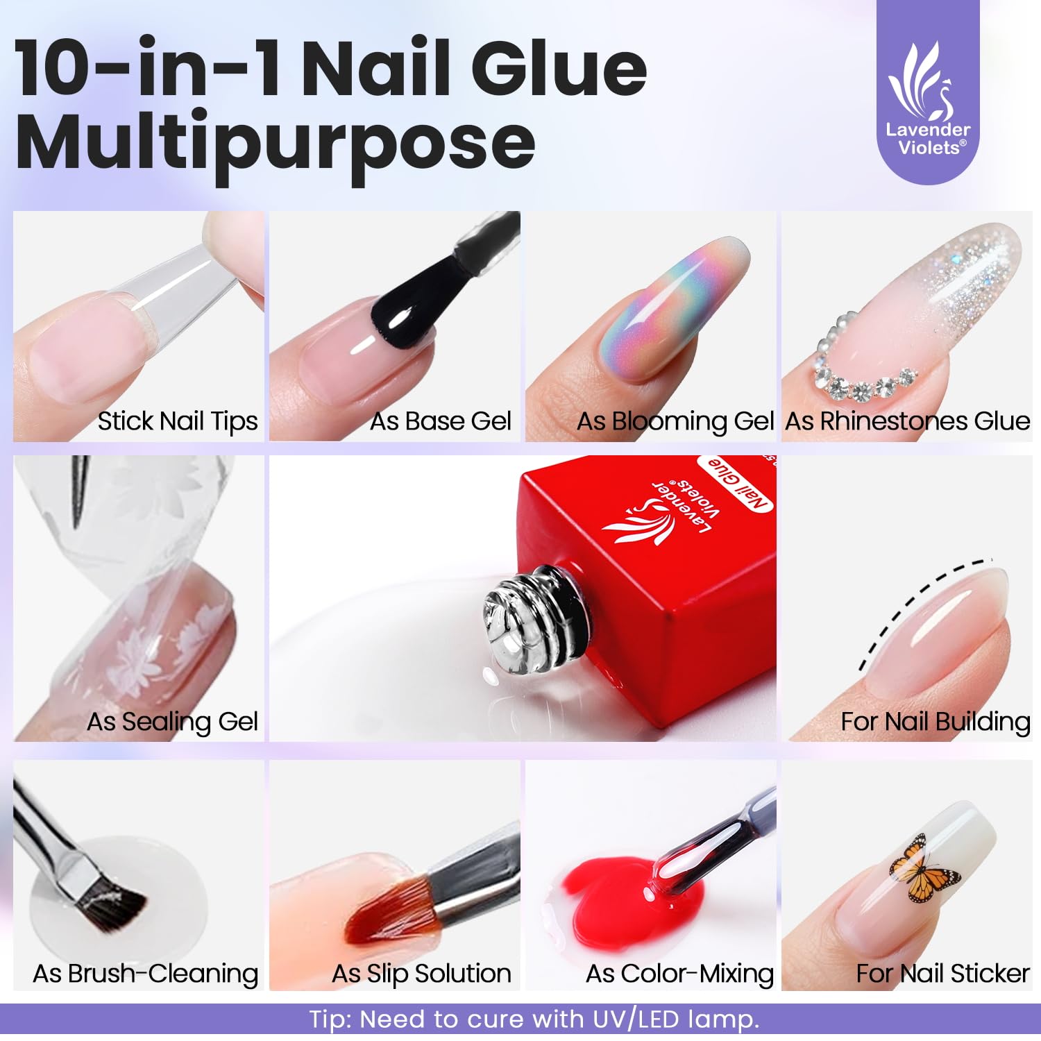 Lavender Violets nail glue gel application with precision brush