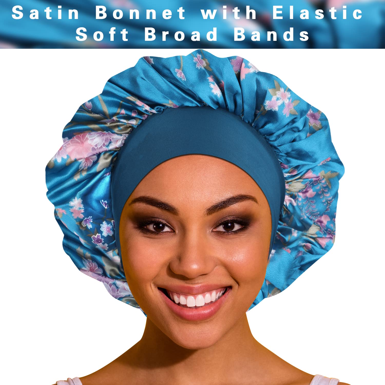 Close up view of the soft elastic band on the ROYBENS large hair cap for sleeping