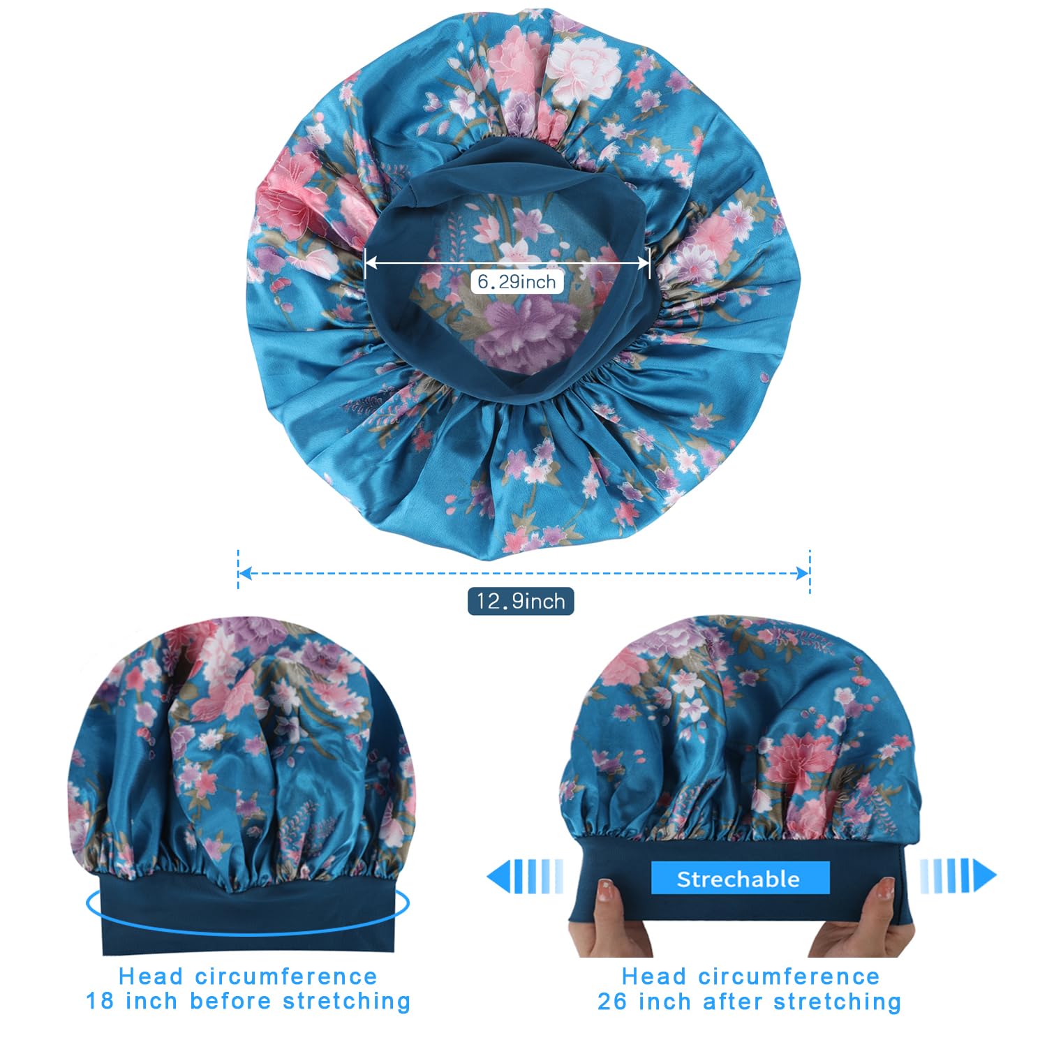 ROYBENS satin hair bonnet packaging showing the complete 4 piece assorted color set