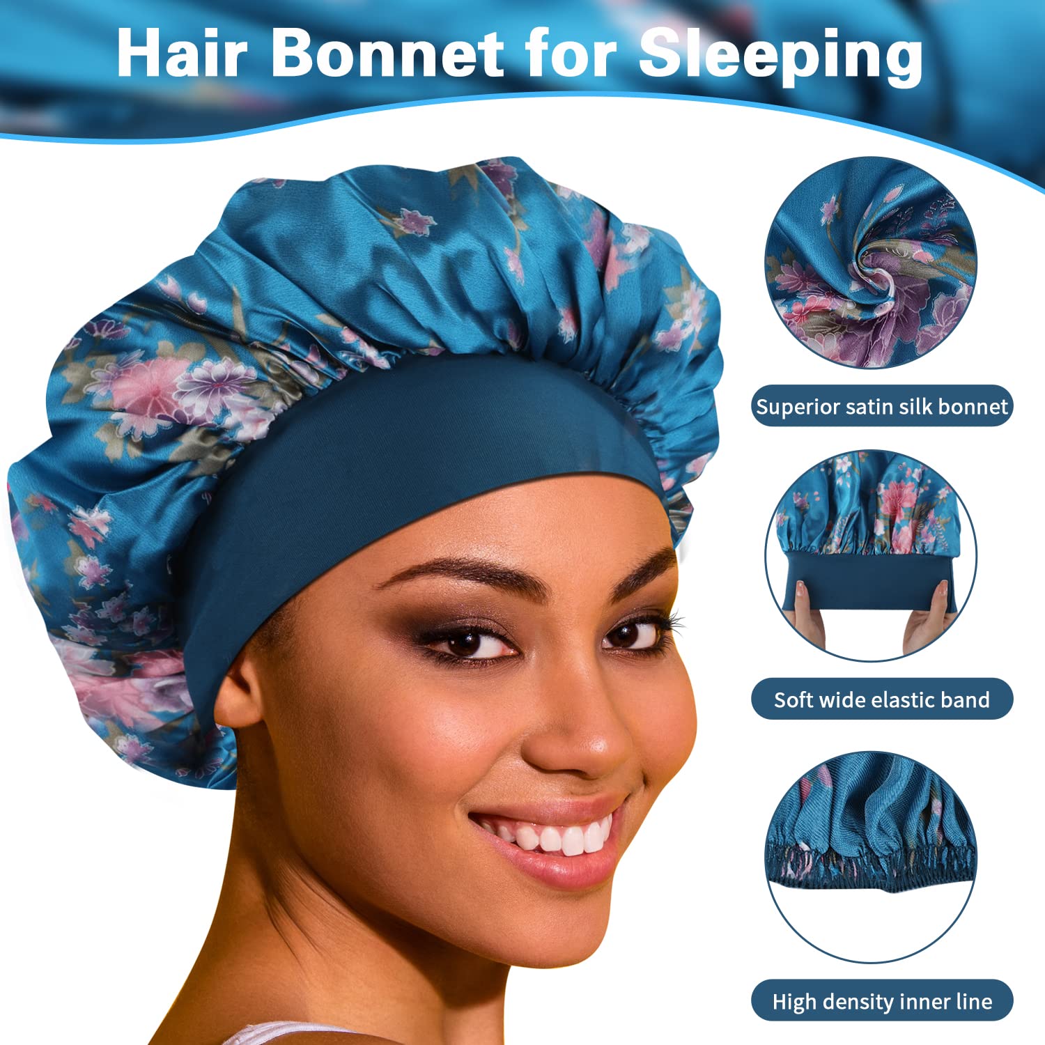Side profile view of the roomy 12.9 inch diameter sleep cap for long curly hair protection