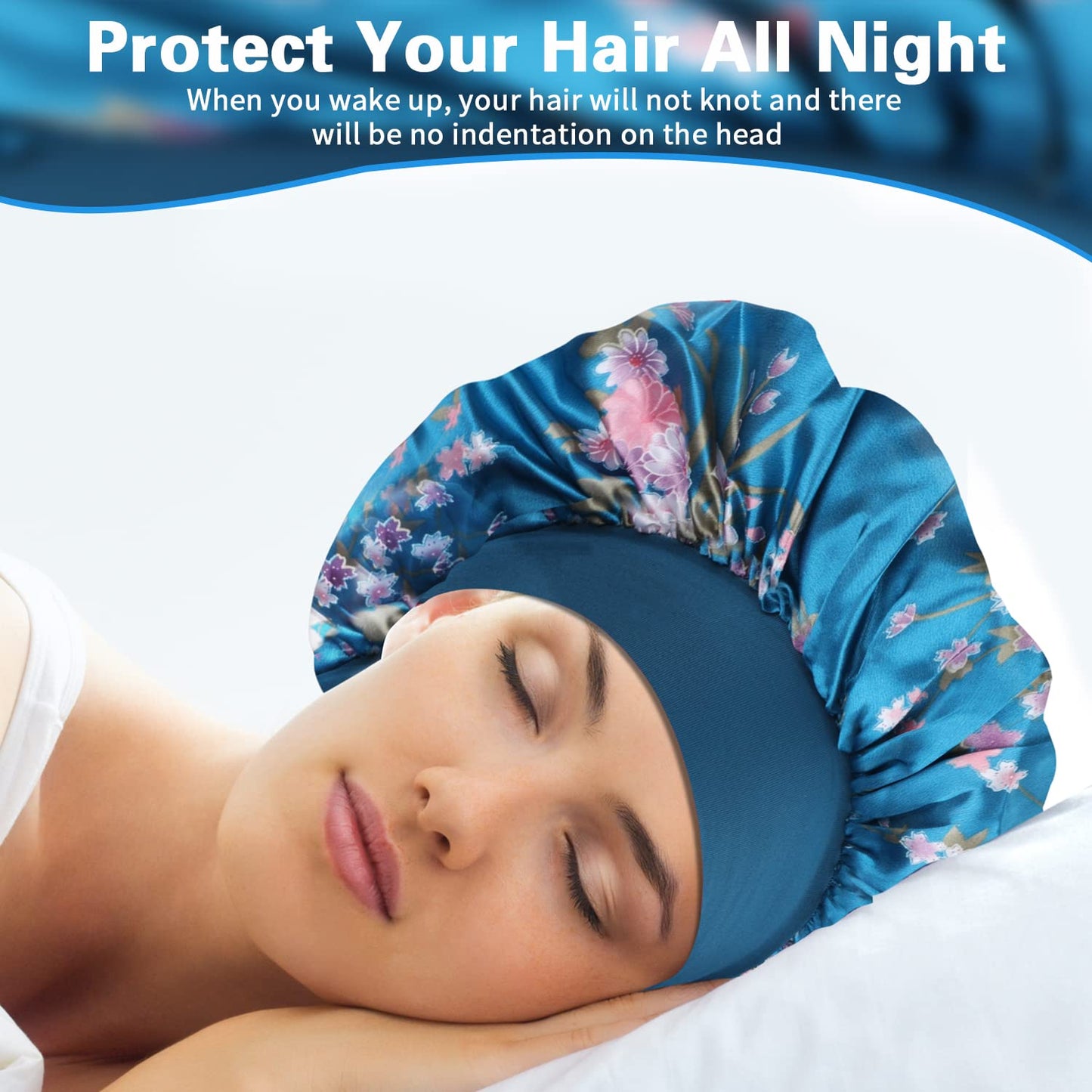 ROYBENS satin bonnets laid flat illustrating the stretchable forehead band construction
