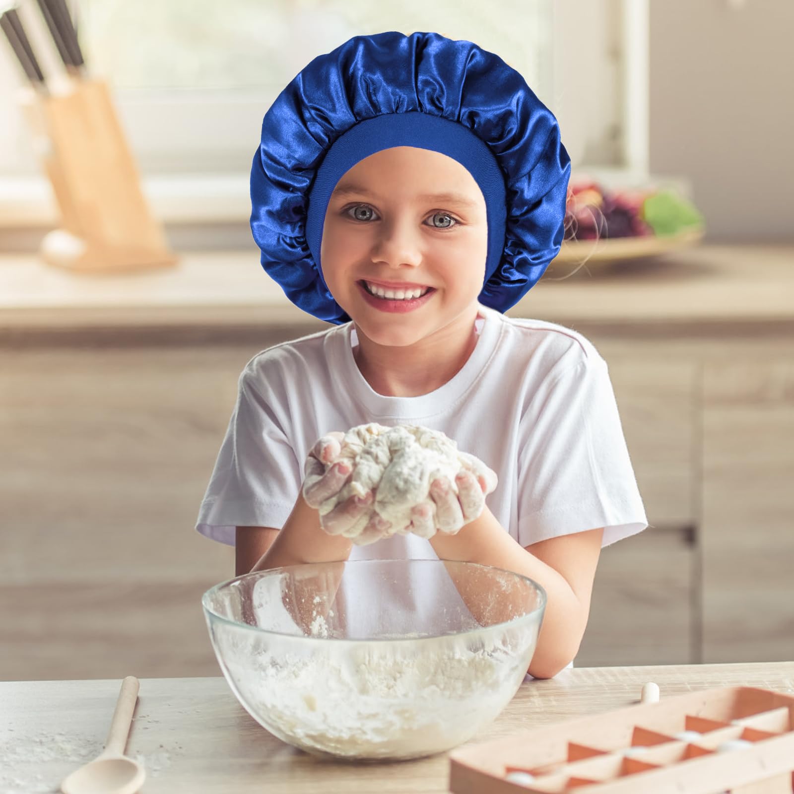 Choshion toddler silk sleep cap highlighting the high elastic band construction for curly hair.