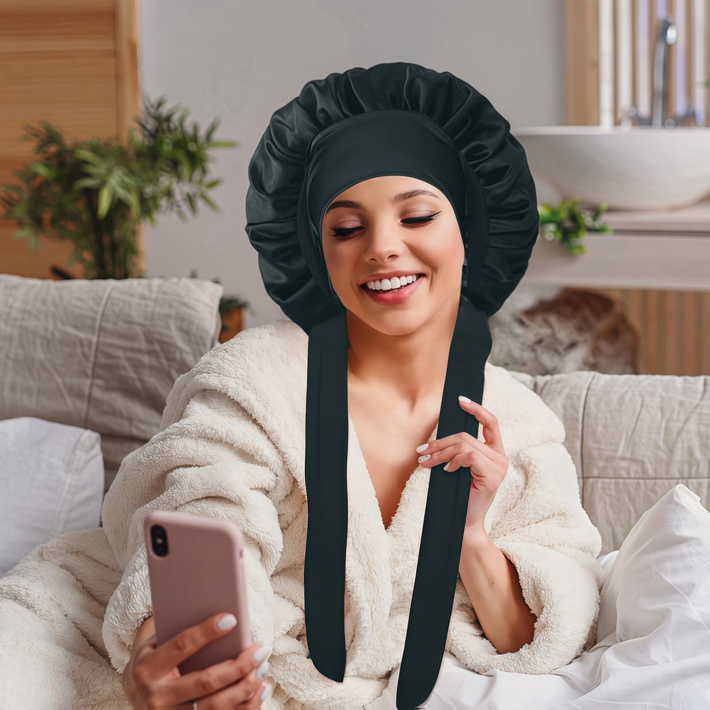 Side profile of a woman wearing the adjustable VECIIR hair bonnet secured with a front bow detail.