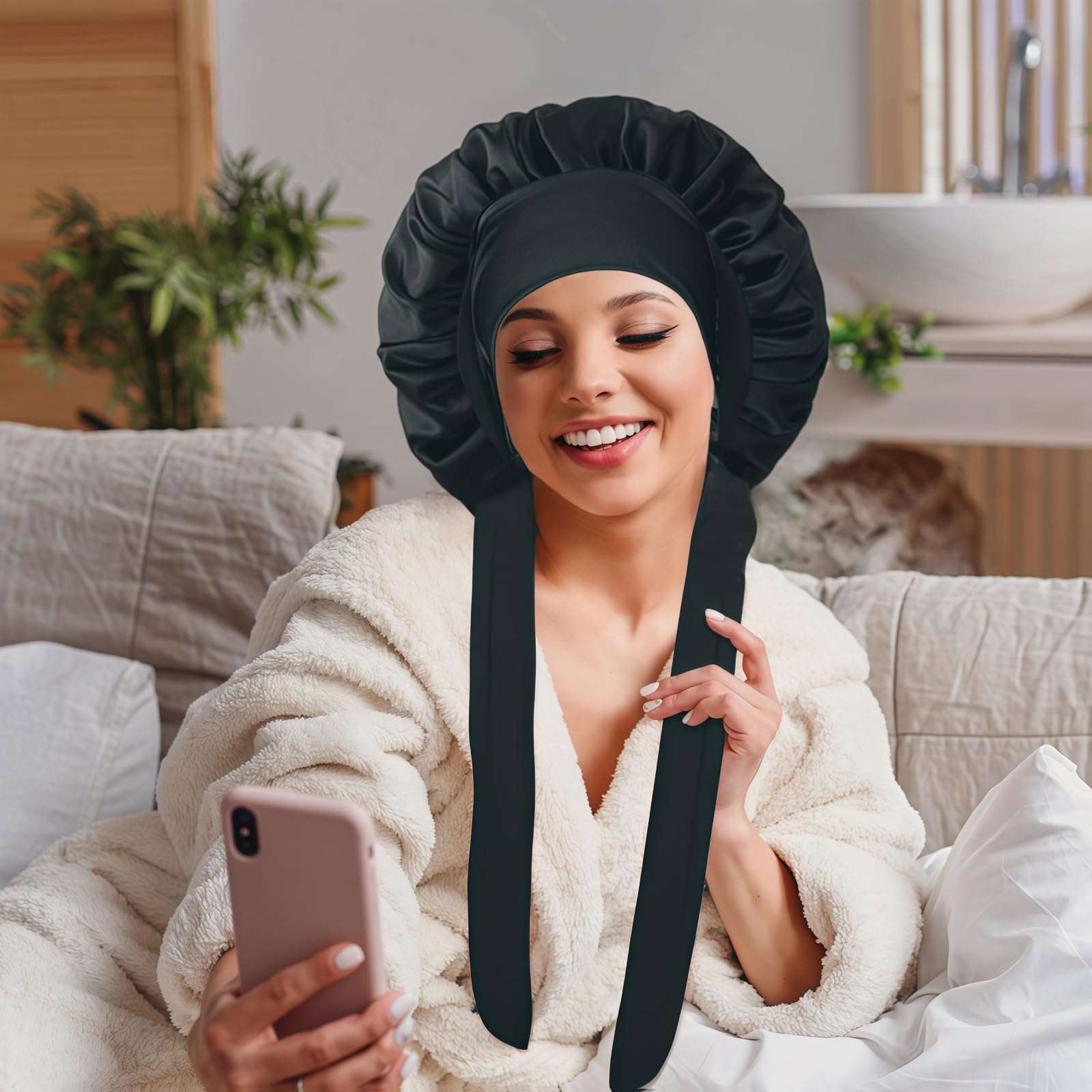 Side profile of a woman wearing the adjustable VECIIR hair bonnet secured with a front bow detail.