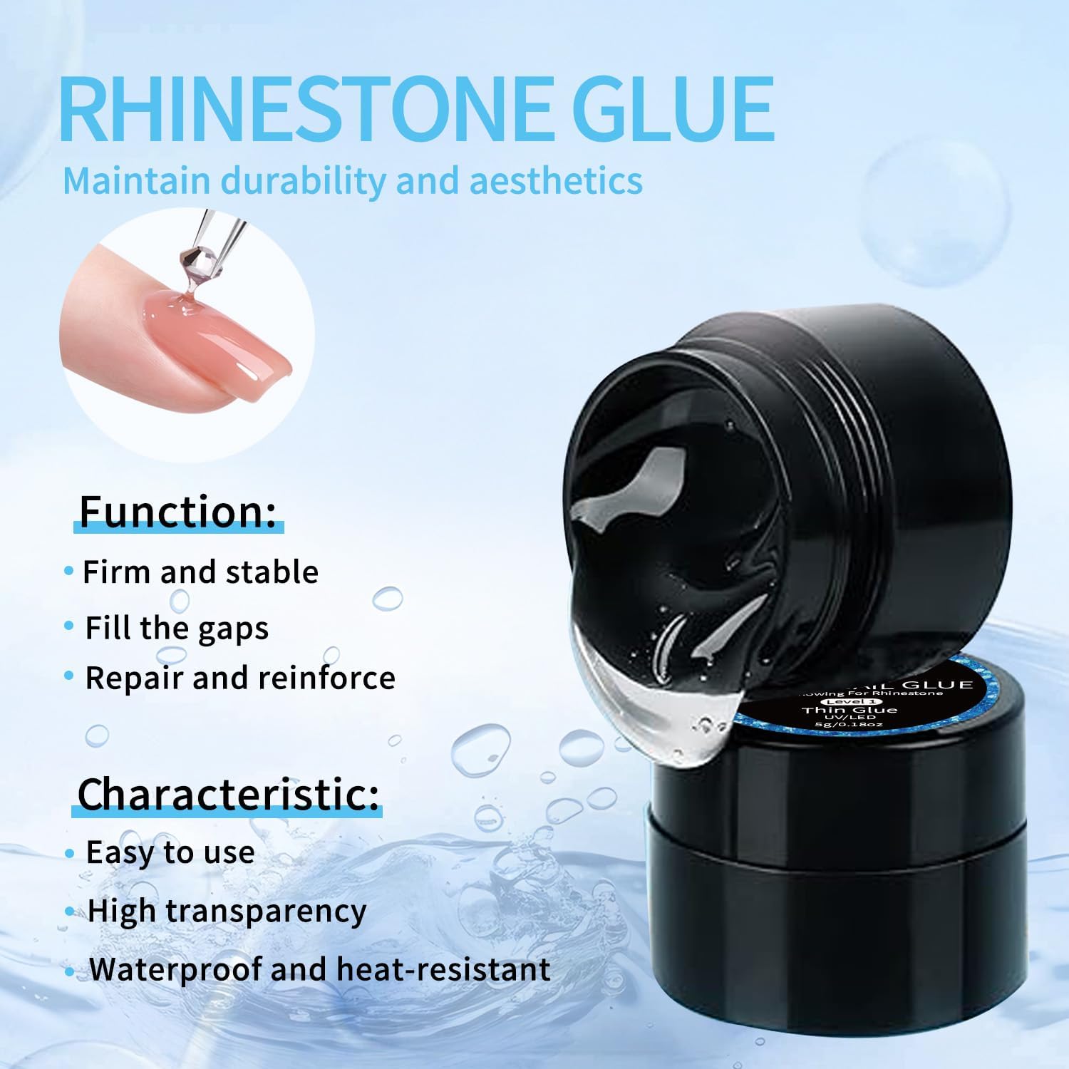 Professional nail art rhinestones secured with Glitz glue
