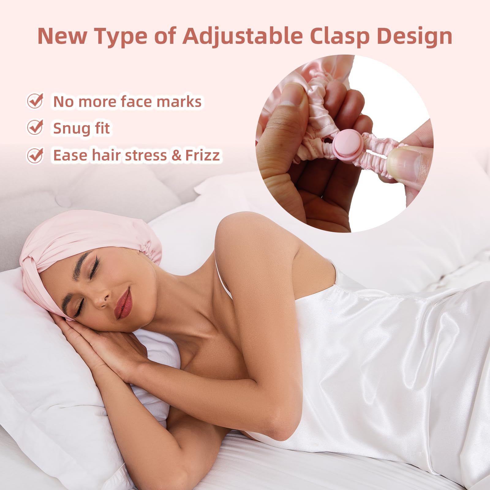 Double layer silk hair wrap for sleeping showing the adjustable elastic tie band.