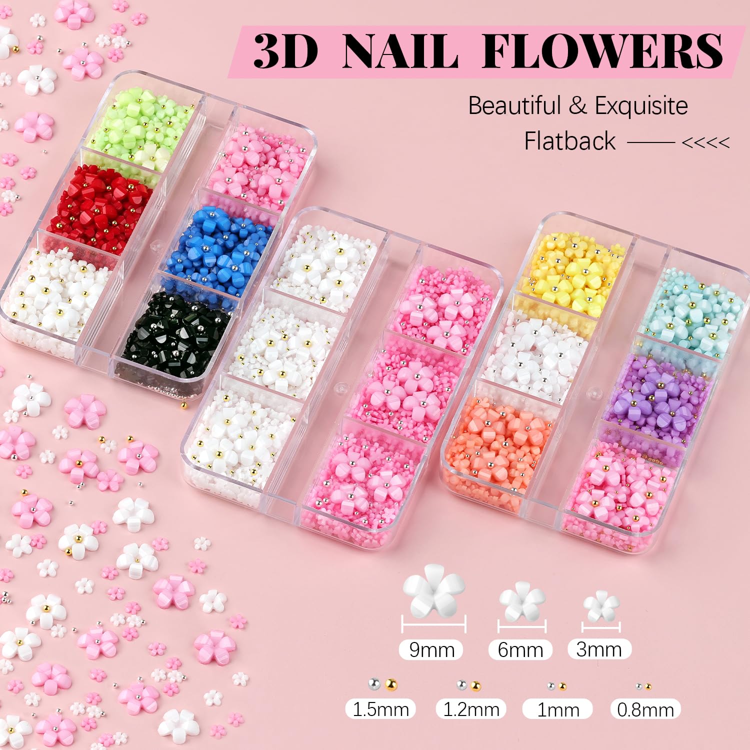 Close up of colorful acrylic 3D floral nail charms