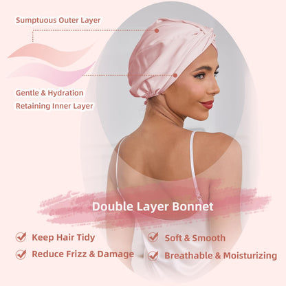 Premium pink satin sleeping cap for women and men with natural braided hair.