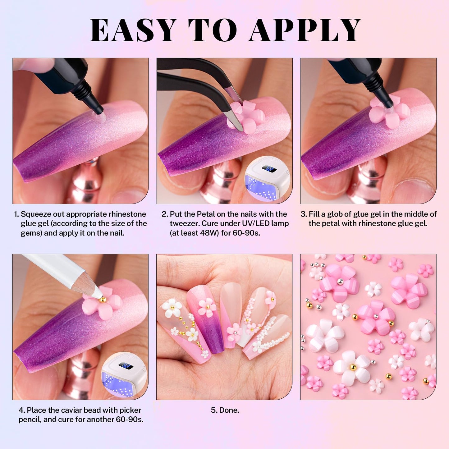Manicure kit contents including rhinestone glue gel and caviar beads
