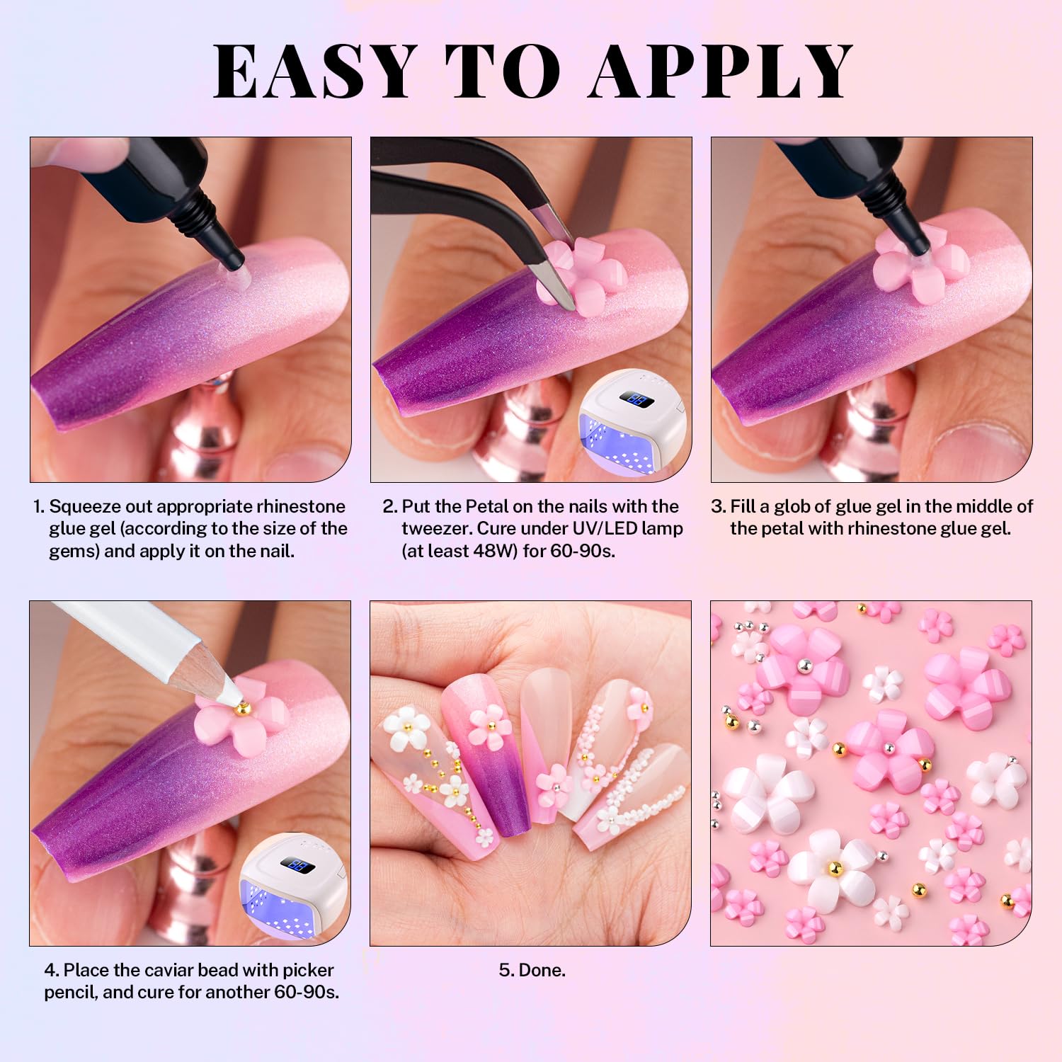 Manicure kit contents including rhinestone glue gel and caviar beads