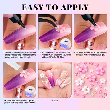 Manicure kit contents including rhinestone glue gel and caviar beads
