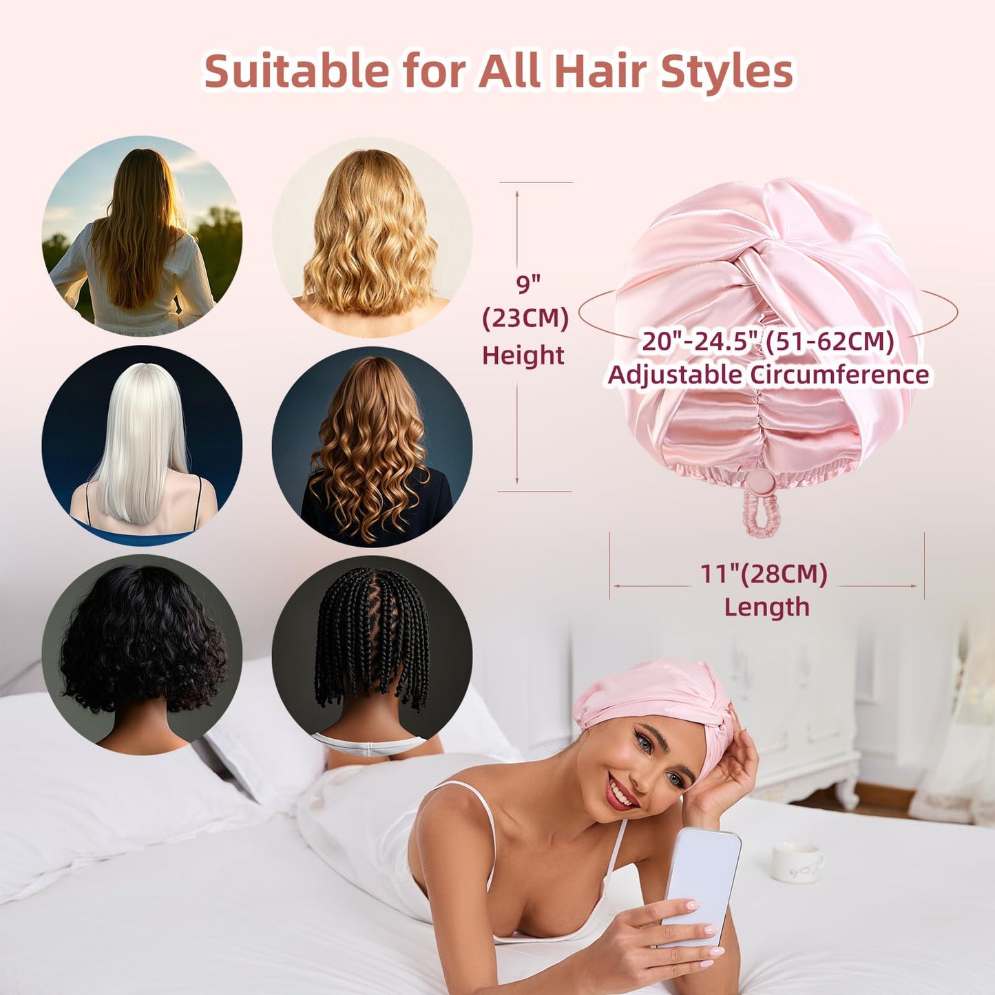 Hfrhtgy hair care wrap on model showcasing secure fit for long straight hair.