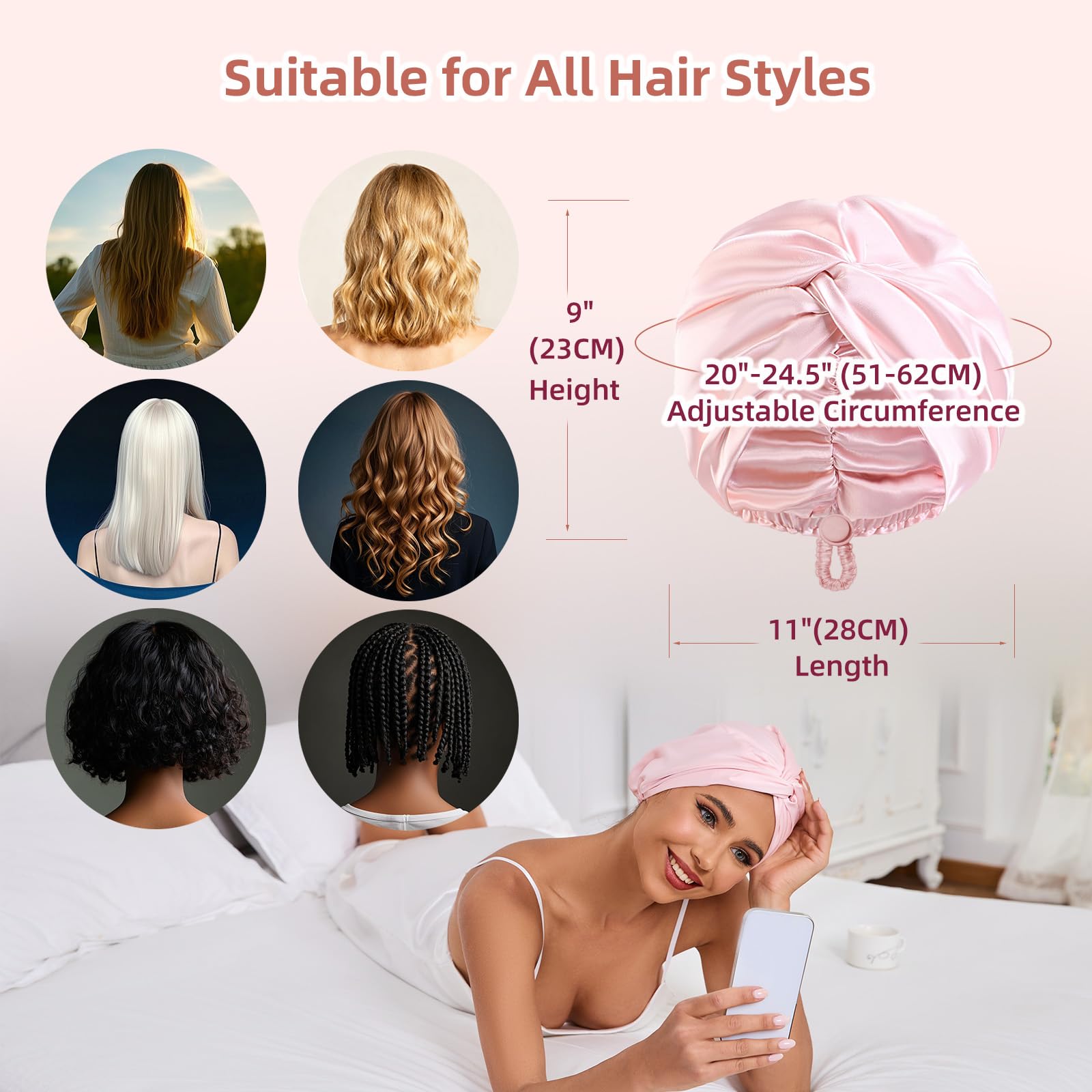 Hfrhtgy hair care wrap on model showcasing secure fit for long straight hair.