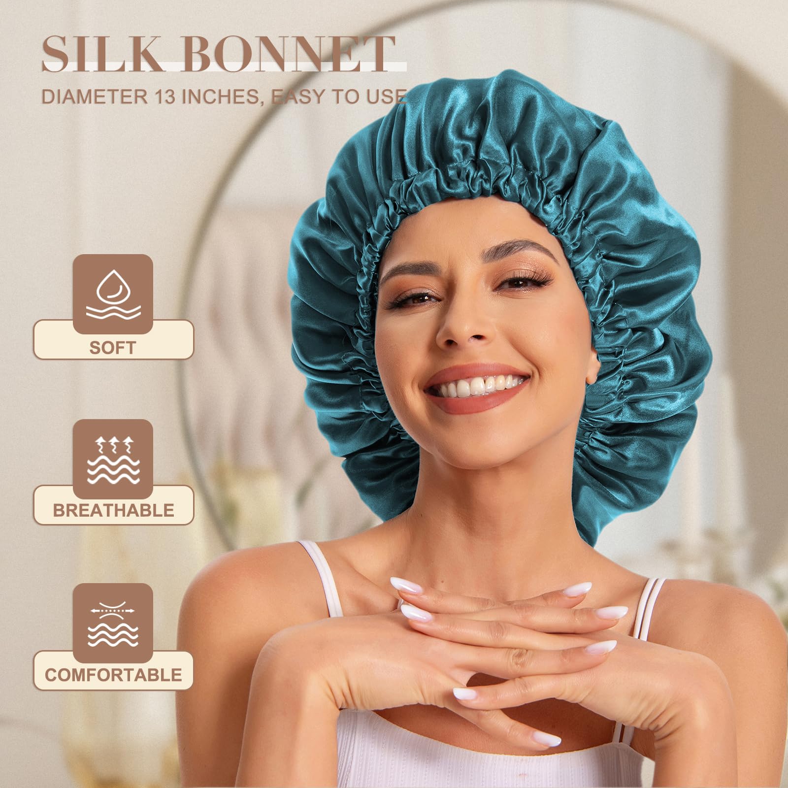 Edoneery slouchy beanie hat satin sleep cap adjusted on model hair
