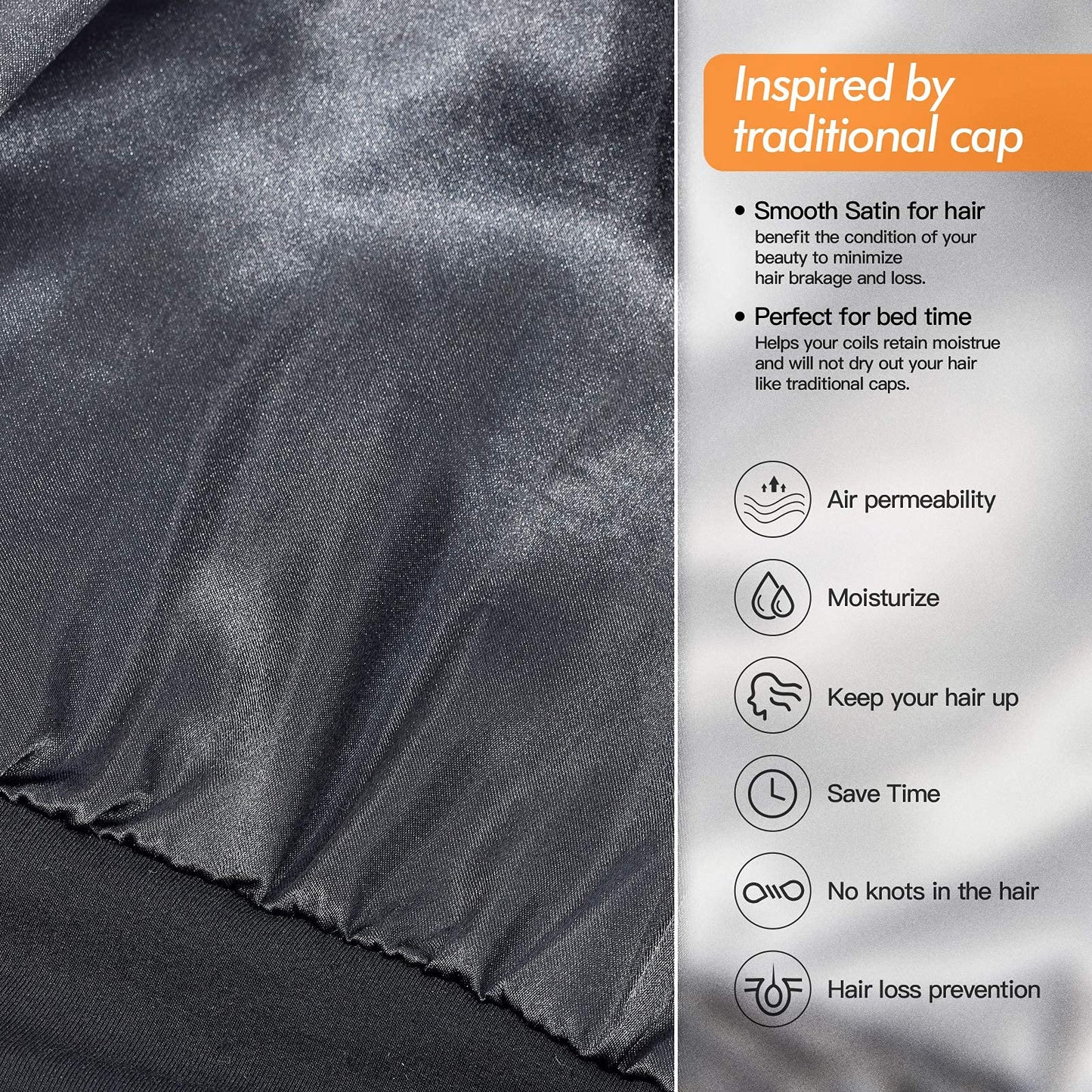 Interior close up of solid black premium smooth satin lining for hair protection
