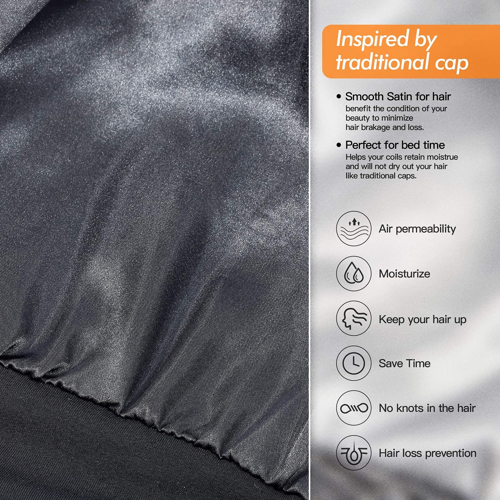 Interior close up of solid black premium smooth satin lining for hair protection