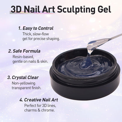Professional nail art showing 3D sculpting gel with rhinestones