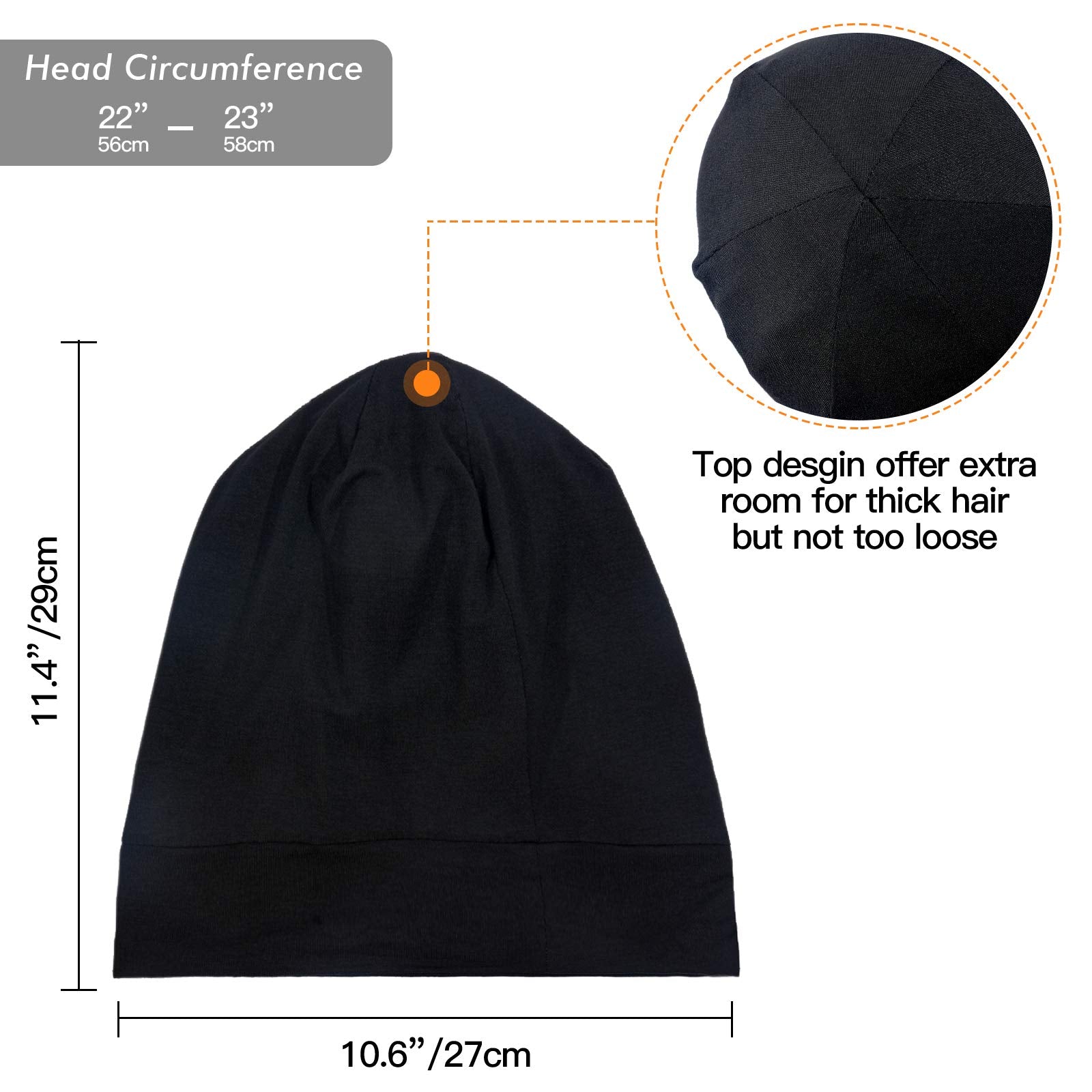 Model wearing black slouchy beanie night wrap for curly hair protection