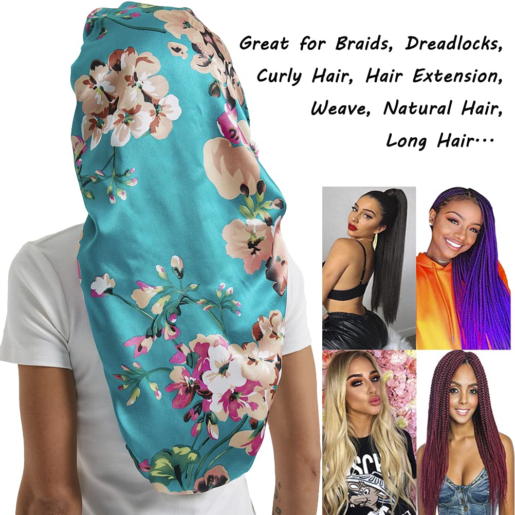 Oversized bonnet for long natural hair extensions and weaves being worn during morning skincare routine