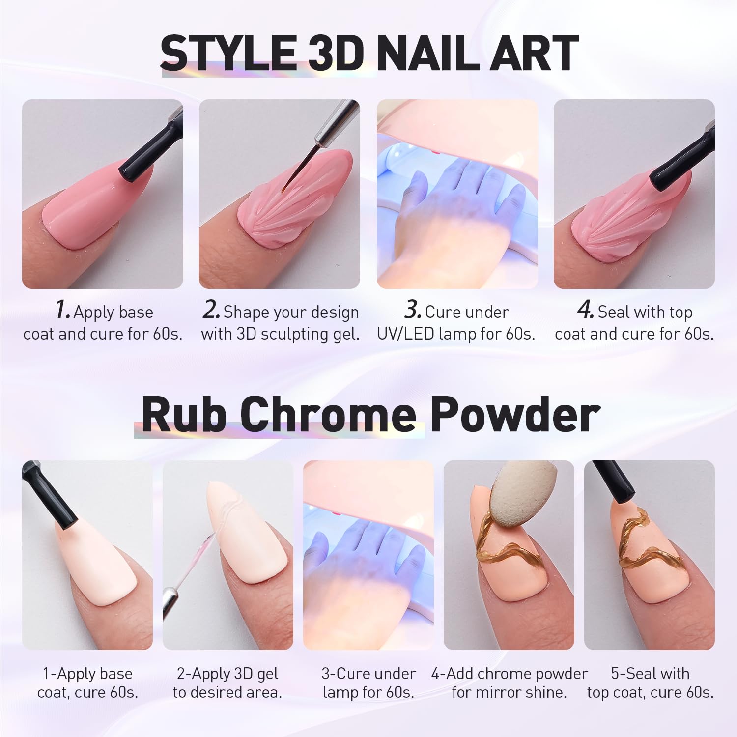 Comparison of 3D nail art designs with chrome powder finish