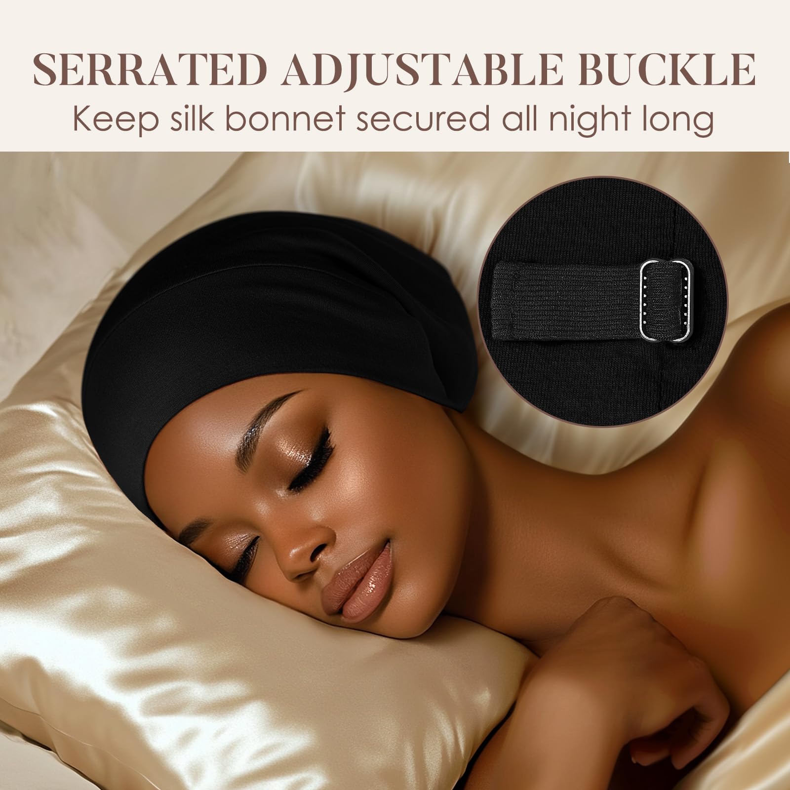 LULUSILK anti frizz night cap worn by a model sleeping comfortably