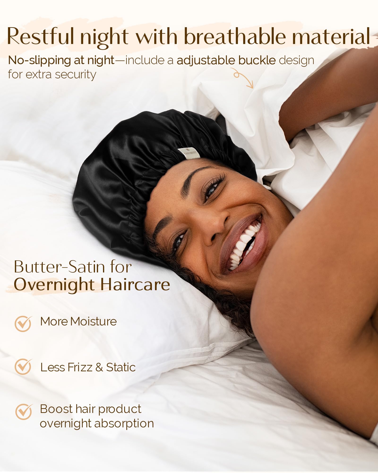 Close up view of the adjustable drawstring and thin elastic band on the YANIBEST sleep cap.