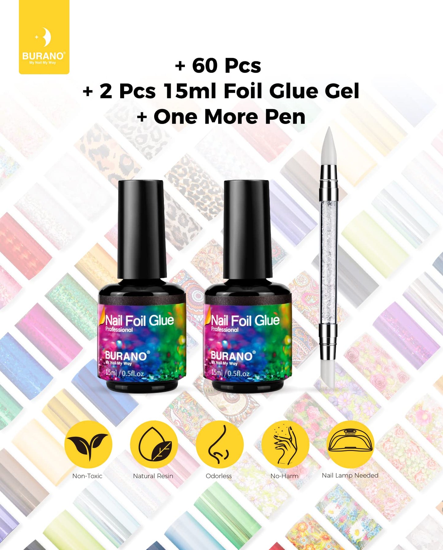 Professional nail art design created with Burano foil glue and stickers