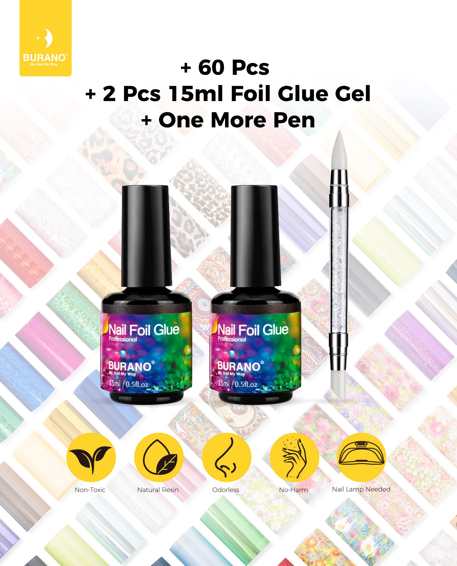 Professional nail art design created with Burano foil glue and stickers