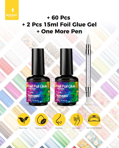 Professional nail art design created with Burano foil glue and stickers