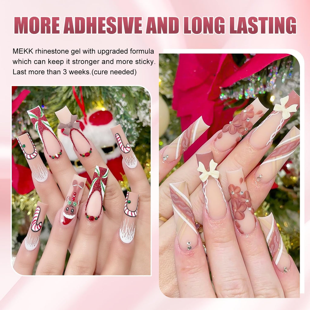 Various 3D nail art charms and diamonds bonded with Mekk adhesive