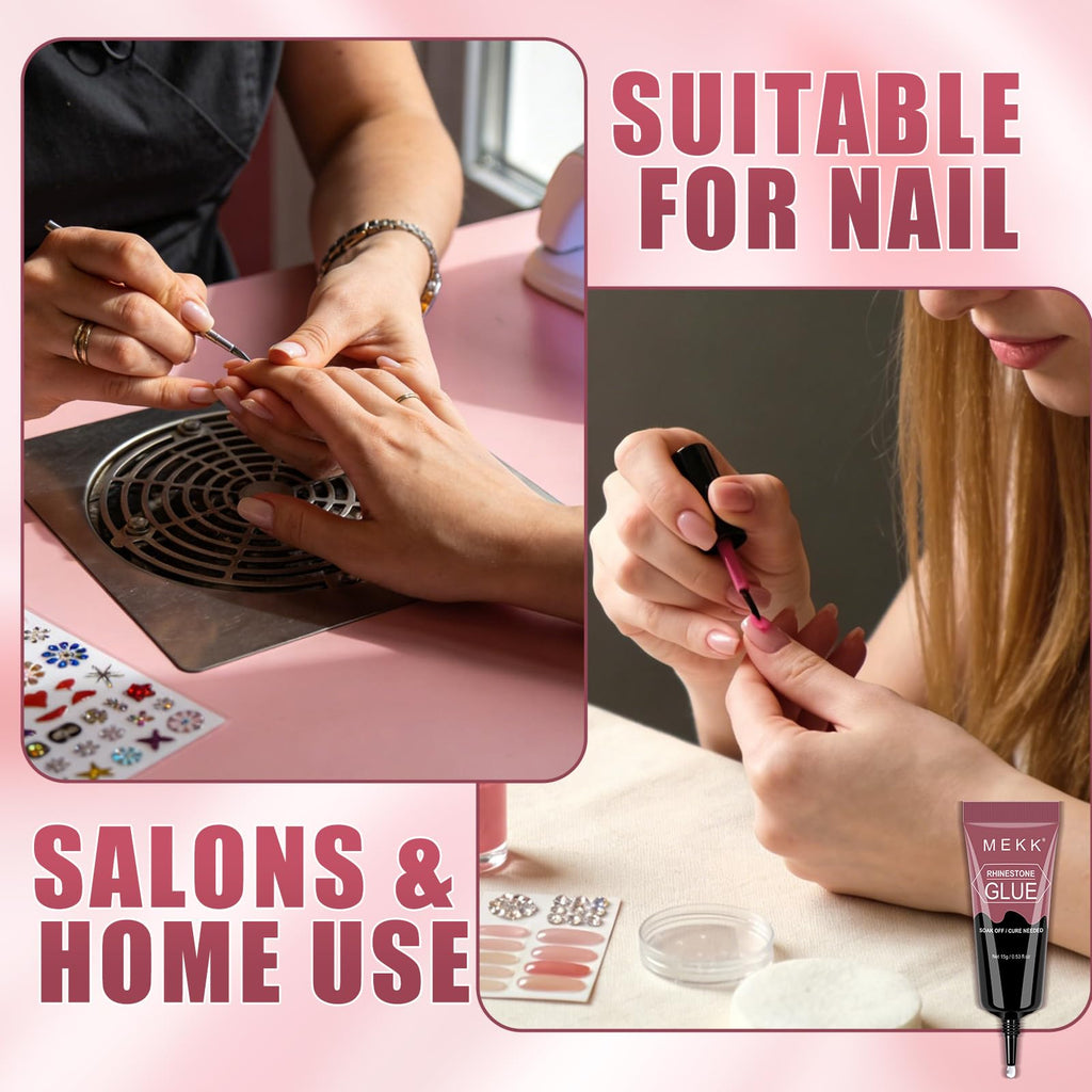 Mekk rhinestone glue set displayed with nail art tools