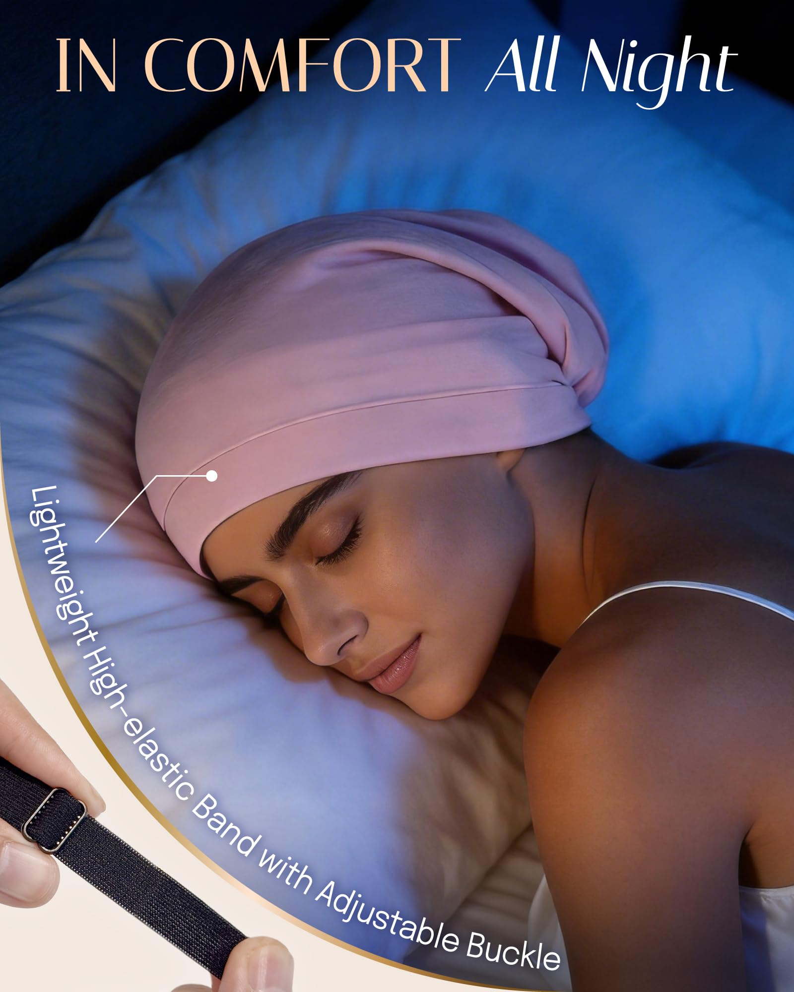 OLESILK sleeping bonnet for women lifestyle view demonstrating full coverage for long frizzy hair