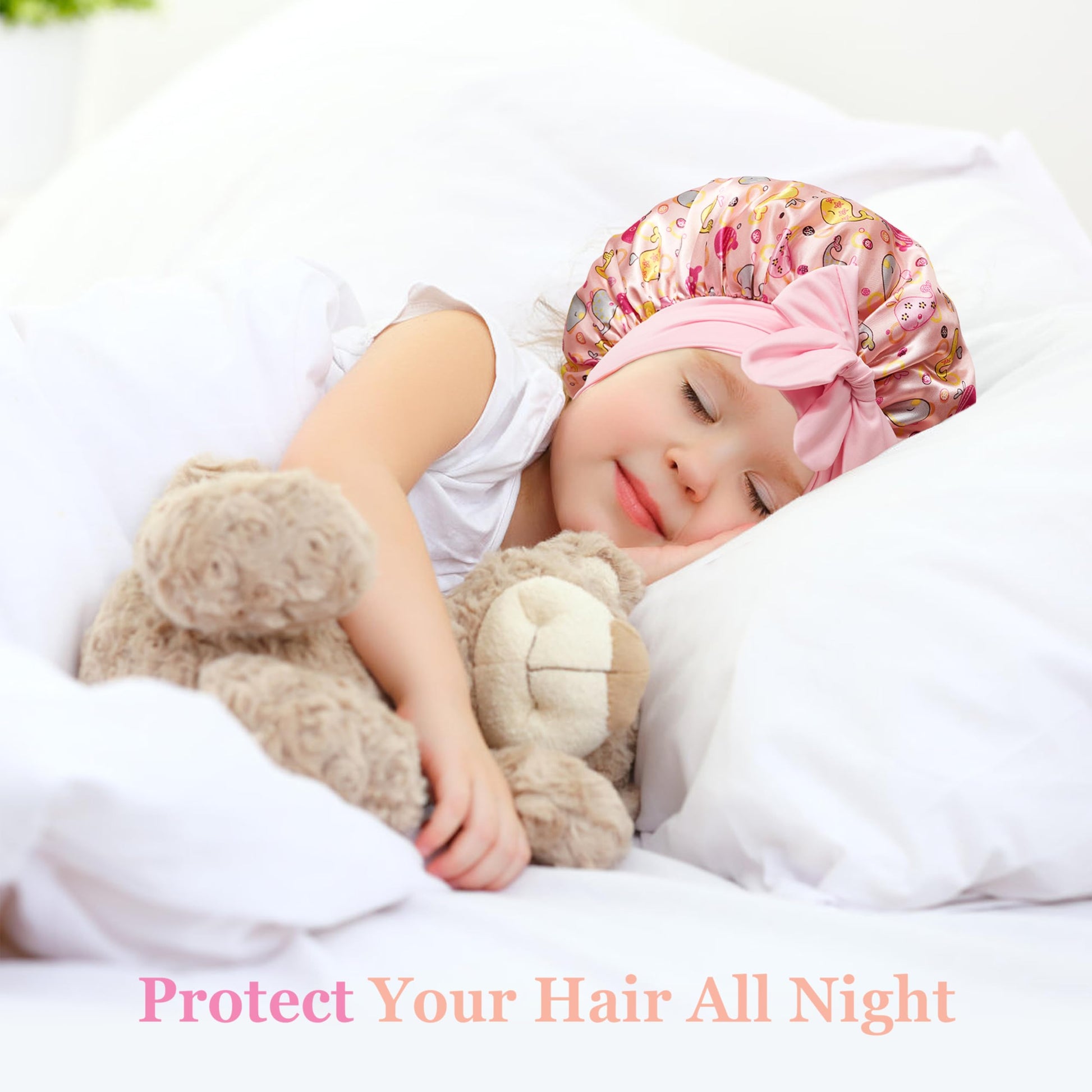 The two pack set of choshion kids sleep caps neatly folded displaying both colorful patterns.