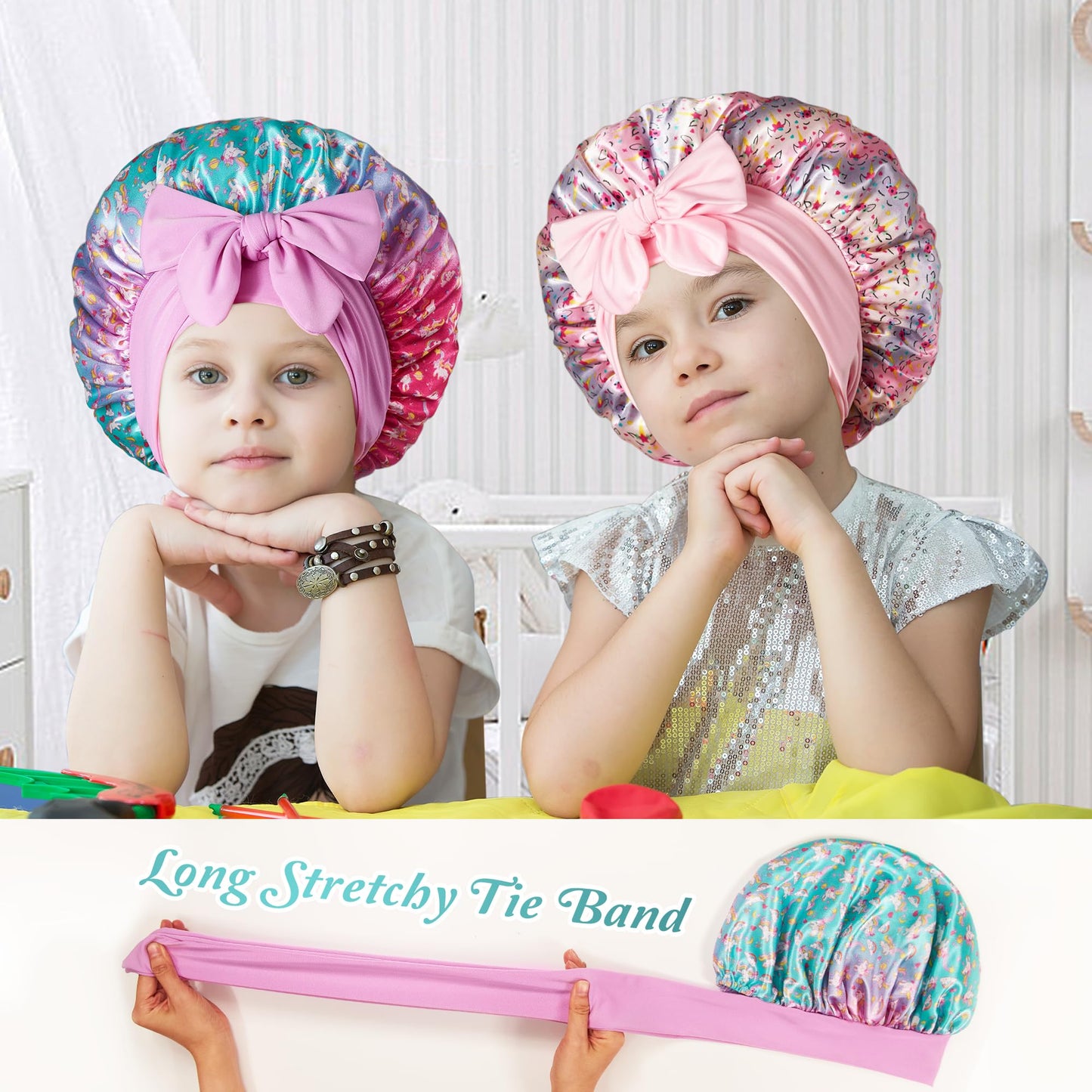 Detailed texture view of the breathable hypoallergenic satin fabric used in the kids bonnet collection.
