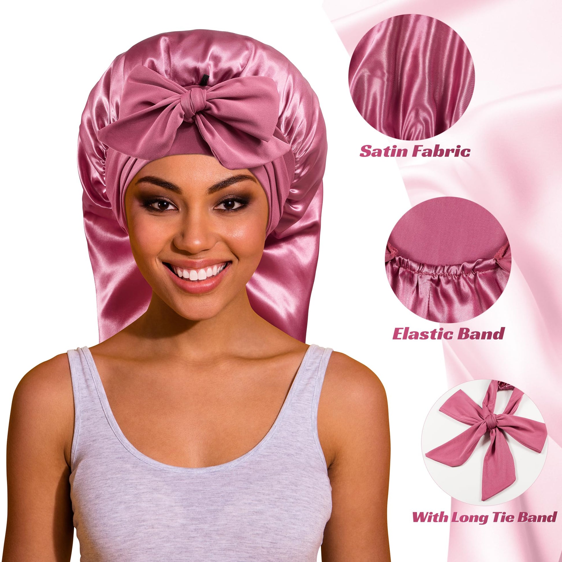 Side angle of the extra large ROYBENS silky sleep cap demonstrating full length coverage for curly hair protection.