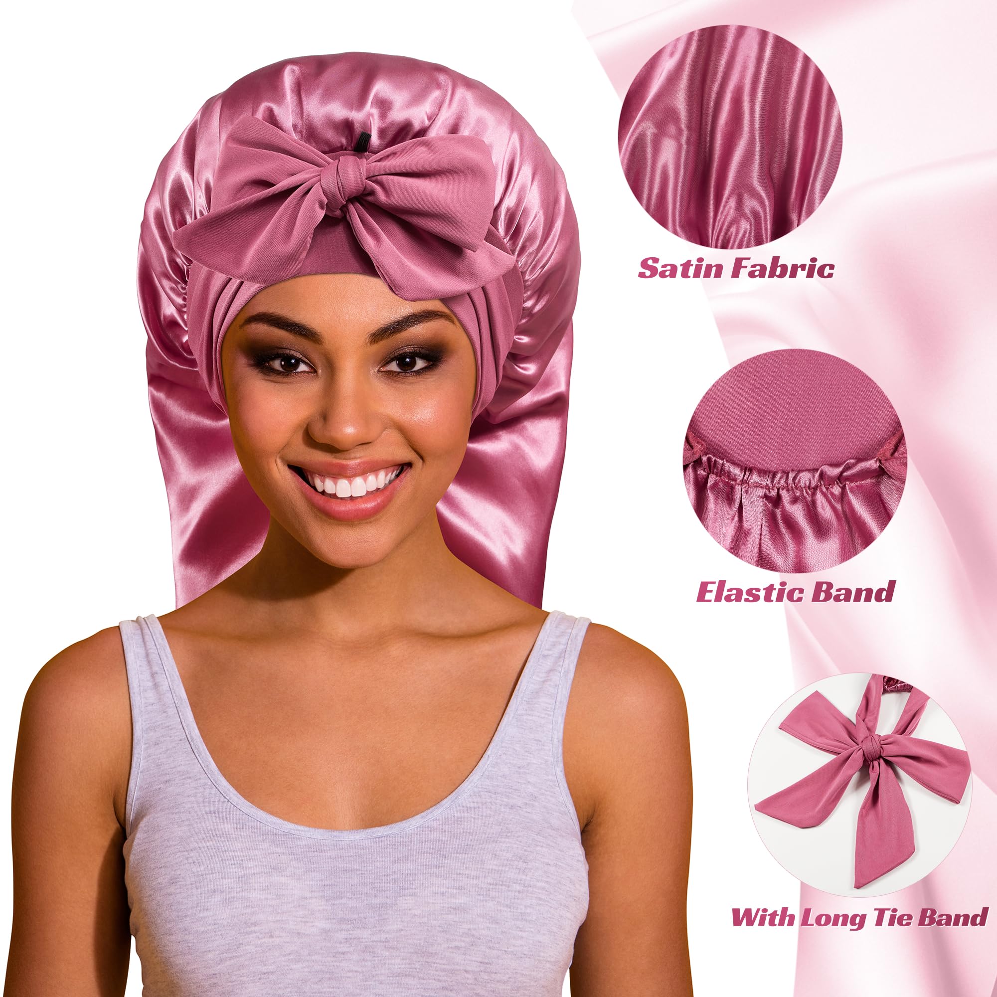 Side angle of the extra large ROYBENS silky sleep cap demonstrating full length coverage for curly hair protection.