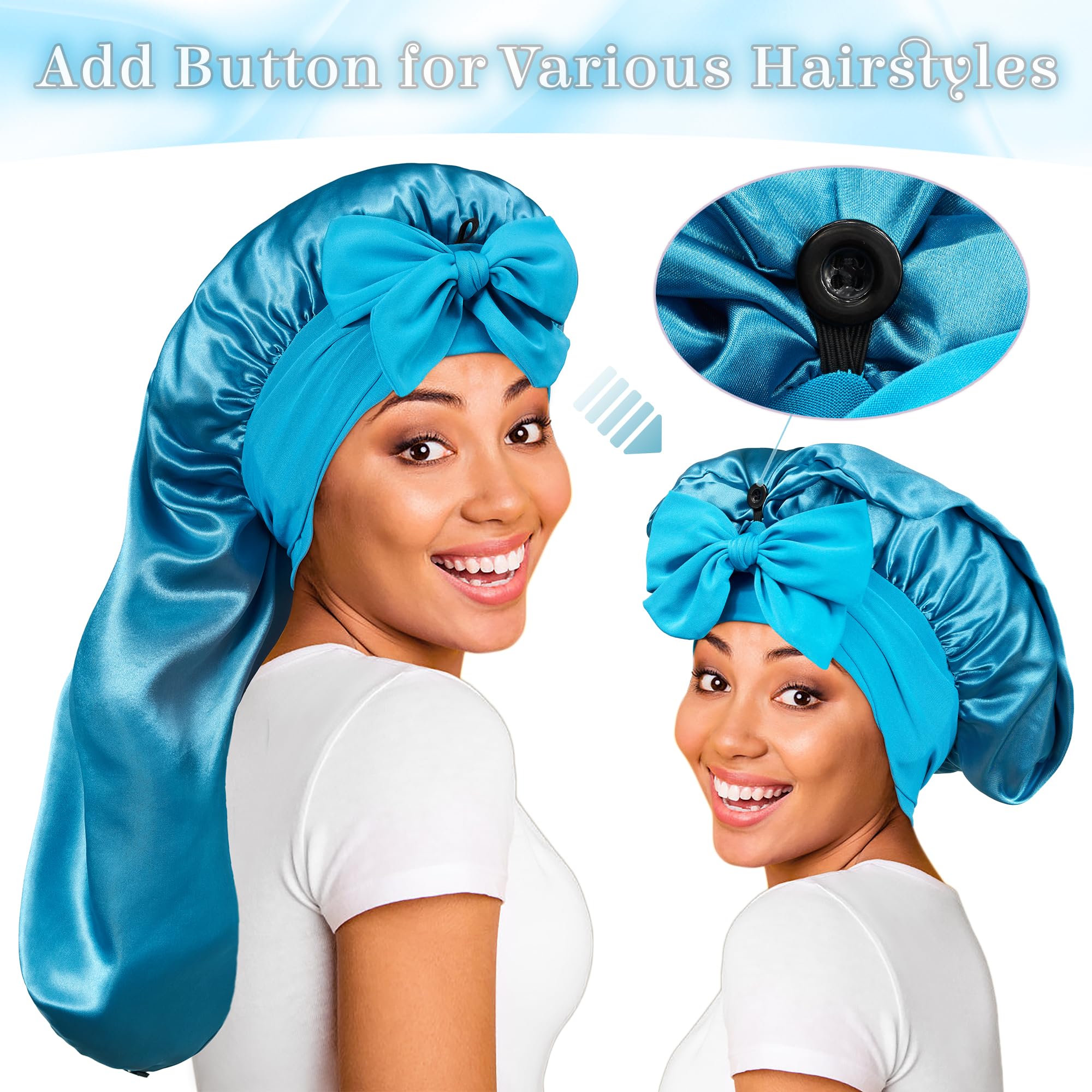 Close up view of the premium soft satin fabric and stretch spandex band of the ROYBENS night bonnet.