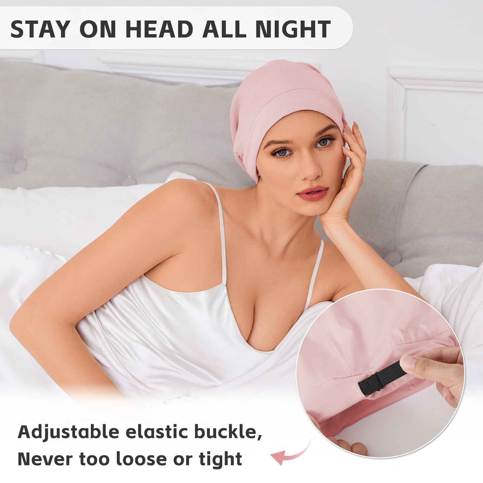 Close up view of the adjustable elastic buckle on the slouchy satin lined beanie hat
