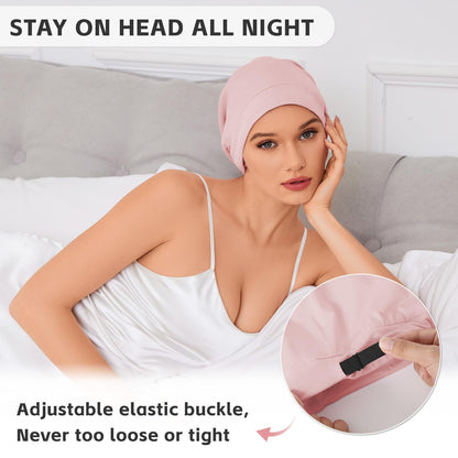 Close up view of the adjustable elastic buckle on the slouchy satin lined beanie hat