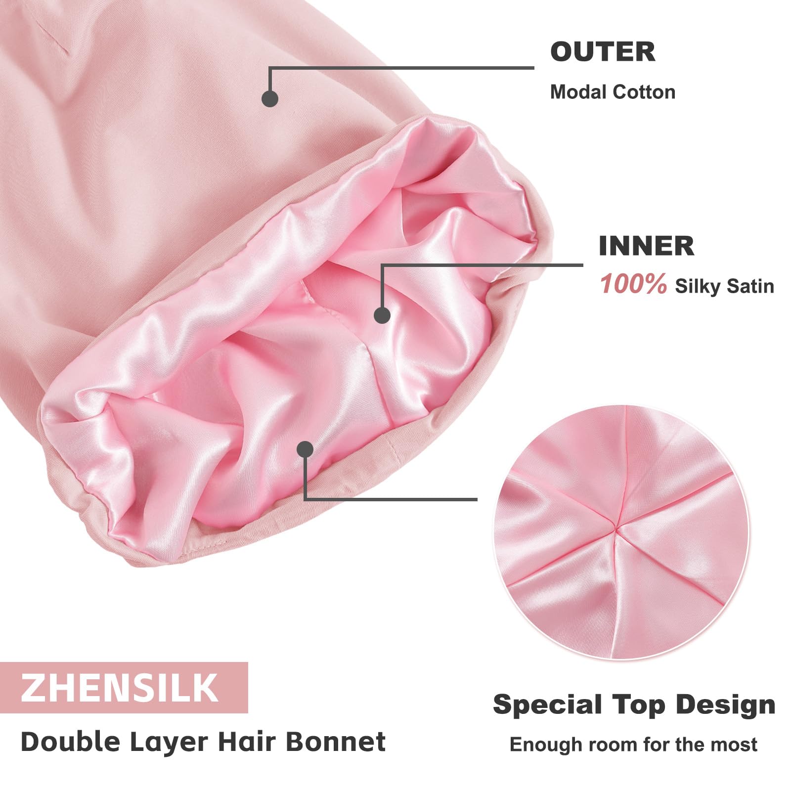 Interior view showing the smooth premium silky satin lining of the ZHENSILK sleep cap