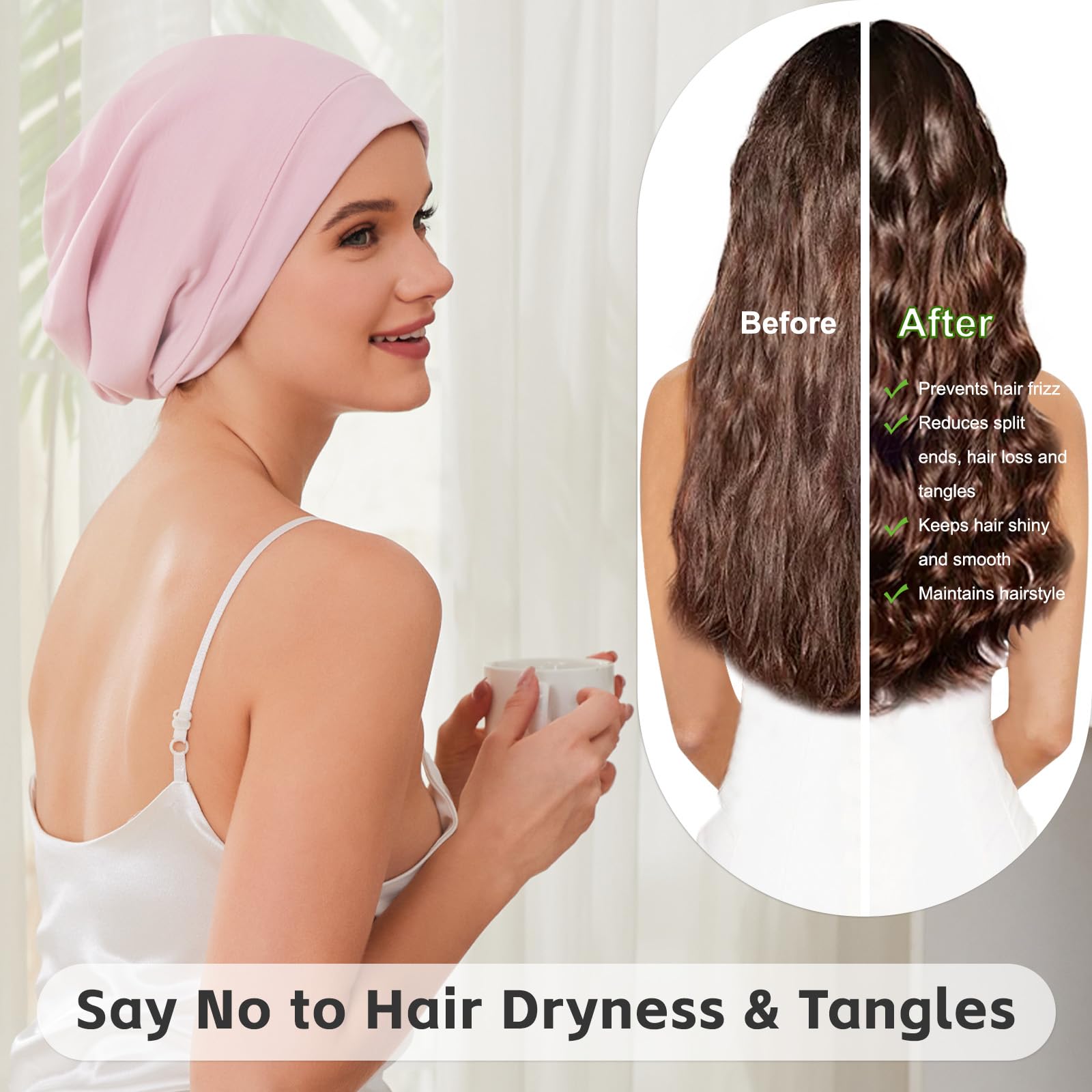 Side view of the modal cotton exterior hair wrap worn as a night sleep cap
